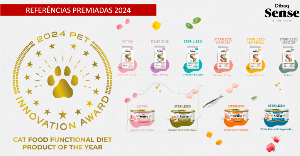 Imagem promovendo o produto premiado de alimentação funcional para gatos de 2024, com selo de "2024 Pet Innovation Award" e diversas opções de ração da Dibaq Sense, incluindo sabores como peru, salmão e atum.